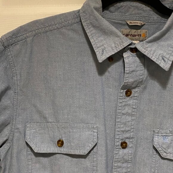 Carhartt Men's Blue 100% Cotton Relaxed Fit Short Sleeve Button-Down Shirt Size - Picture 1 of 7